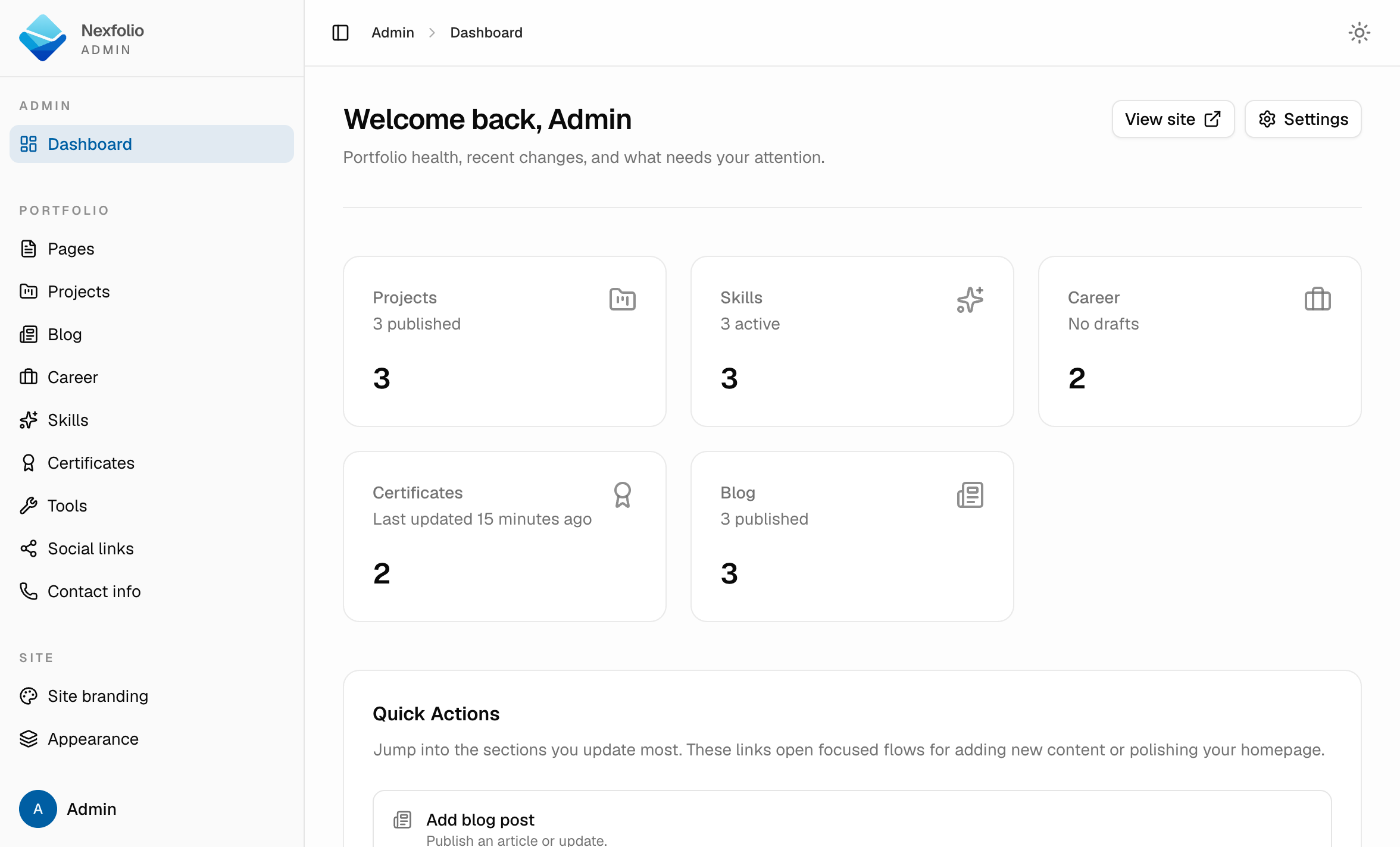 Nexfolio admin dashboard — manage projects, blog, skills, and branding